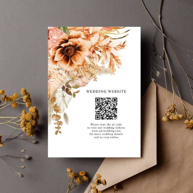 Elegant Terracotta Blommigt QR-kod för bröllop Tilläggskort (Elegant Terracotta Floral QR Code Fall Wedding Enclosure Card)