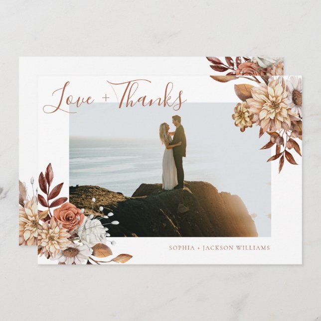 Elegant Terracotta Blommigt Script Photo Tack Kort (Fram/baksida)