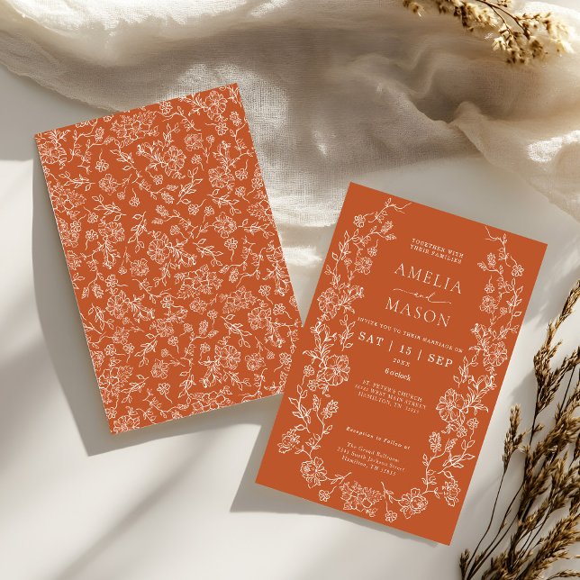 Elegant Terracotta Blommigt Vintage bröllop Inbjudningar (Terracotta Fall and autumn wedding invitation with white floral border)
