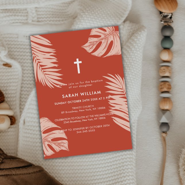 Elegant Terracotta Boho Löv Kor-baptism Inbjudningar (Elegant Terracotta Boho Leave Gold Cross Baptism Invitation)