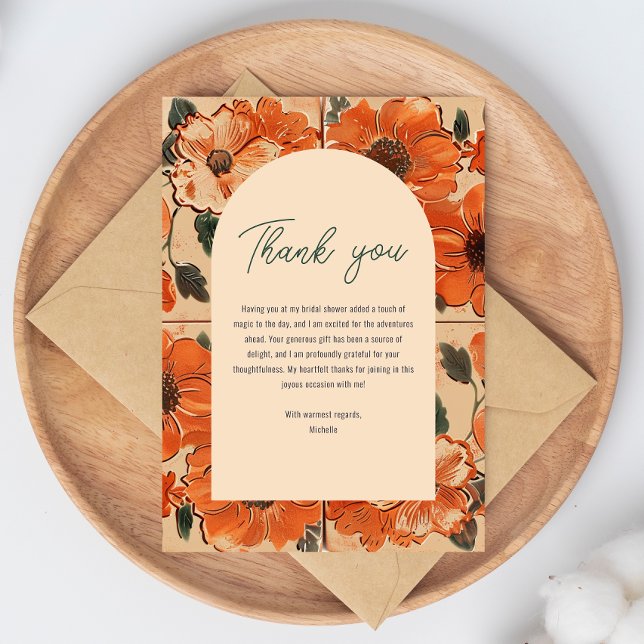 Elegant Terracotta Boho Möhippa Tack Kort (A "Thank You" card with floral borders on a wood plate, expressing gratitude for a bridal shower gif)