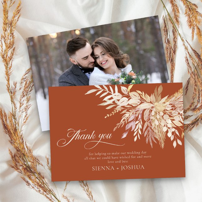 Elegant Terracotta Cream Foliage Duet Photo Tack Kort (Elegant terracotta Wedding photo thank you card - Foliage Duet Wedding Collection)