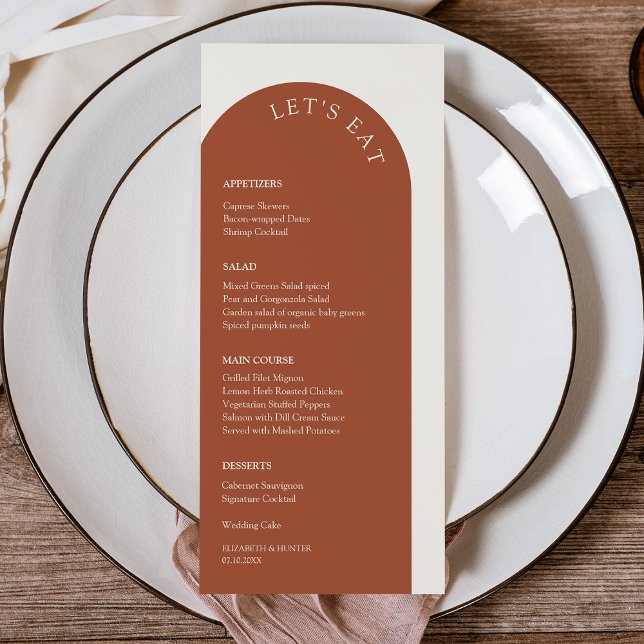 Elegant Terracotta & Cream Låt oss Eat Arch Bröllo Meny (Elegant Terracotta & Cream Let's Eat Arch Wedding Menu)