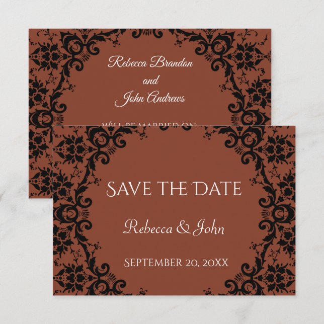 Elegant Terracotta Damask Blommigt Bröllop Spara Datumet (Fram/baksida)