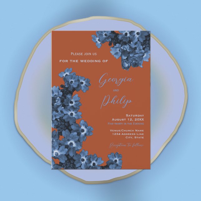 Elegant Terracotta & Dusty Blåa blommor Bröllop Inbjudningar (Skapare uppladdad)