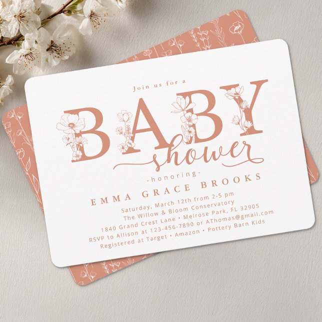 Elegant Terracotta Floral Baby Shower Typography Inbjudningar (Floral Baby Shower Invite)