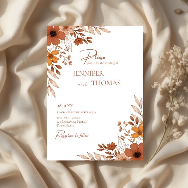 Elegant Terracotta Floral Hand-Drawn Wedding Inbjudningar (Elegant Terracotta Floral Hand-Drawn Wedding Invitation)