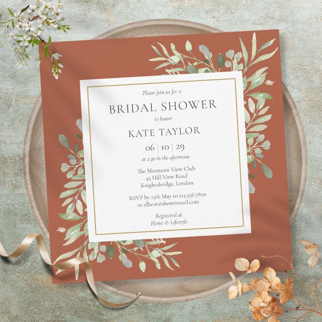 Elegant Terracotta Greenery Bröllop Möhippa Inbjudningar (Elegant Terracotta Greenery Wedding Bridal Shower Invitation)