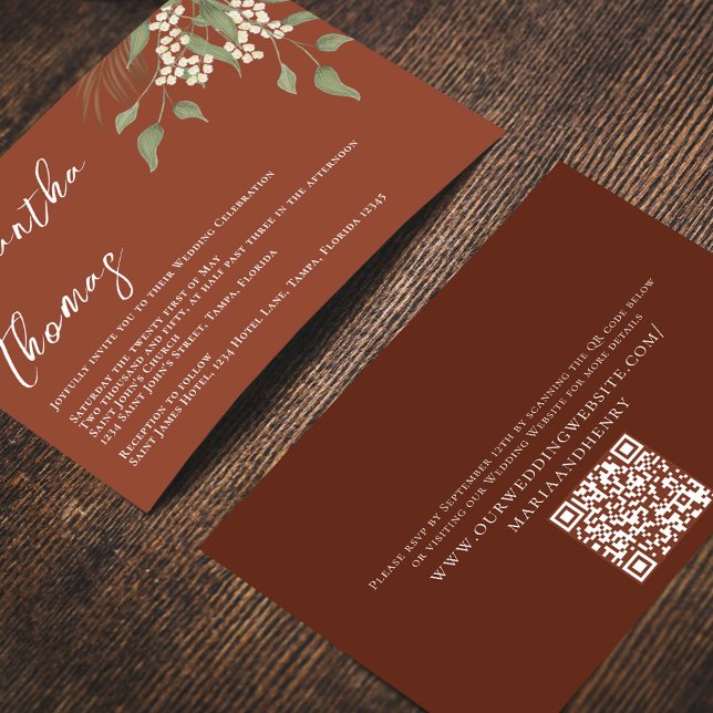 Elegant Terracotta Greenery Foliage Lövs Inbjudningar (Terracotta elegant wedding invitation with a QR code for easy wedding details sharing. )