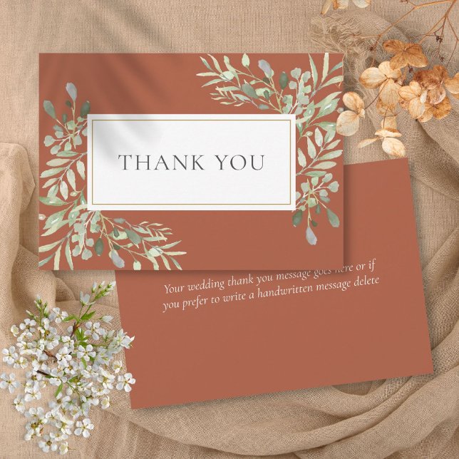 Elegant Terracotta Greenery Löv Bröllop Tack Kort (Elegant Terracotta Greenery Leaves Wedding Thank You Card)