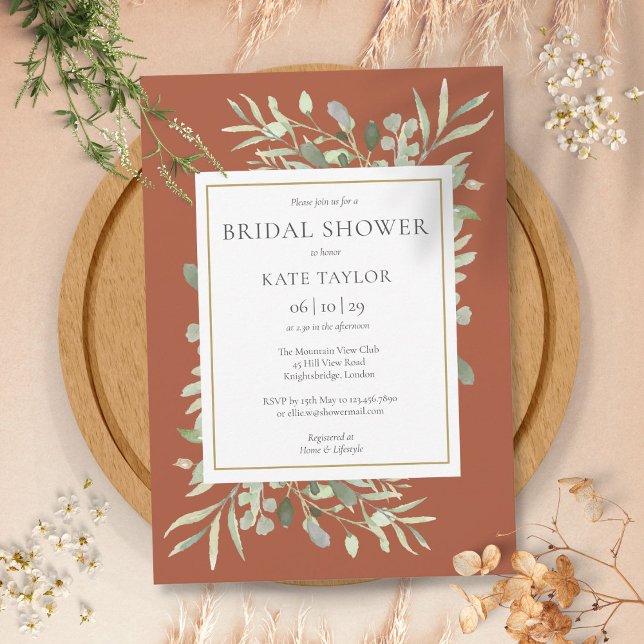 Elegant Terracotta Guld Greenery Möhippa Inbjudningar (Elegant Terracotta Gold Greenery Bridal Shower Invitation)