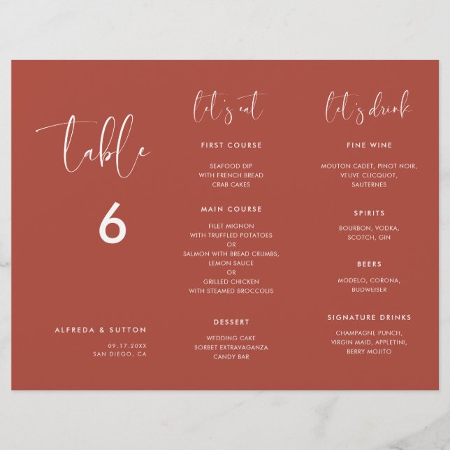 Elegant Terracotta Menu & Bordsnummer trifold (Framsida)