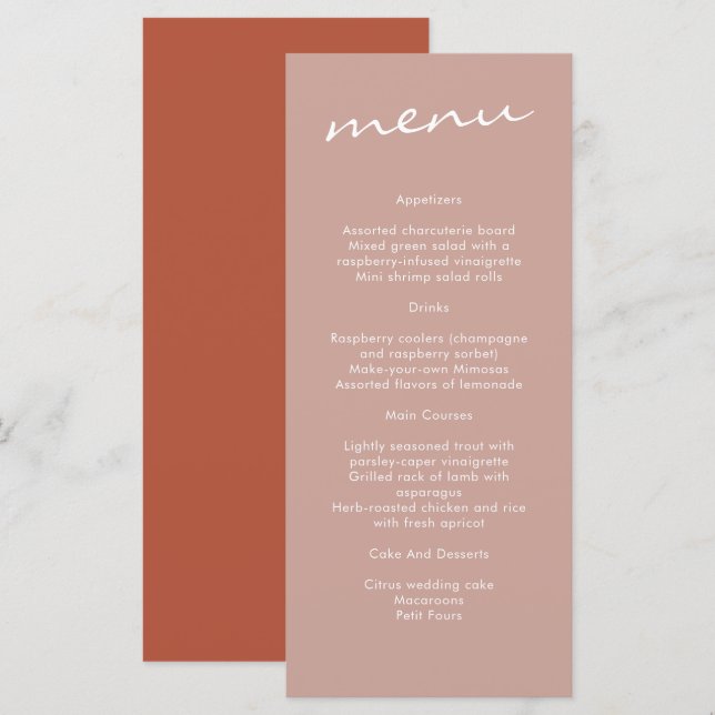 Elegant Terracotta Minimalist Bröllop Meny (Fram/baksida)
