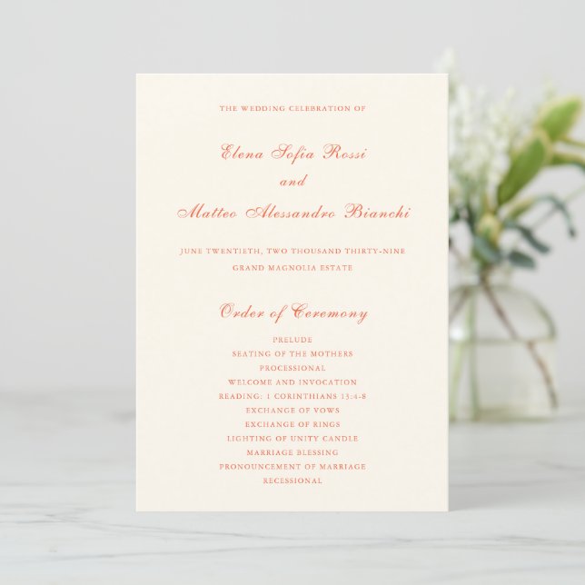 Elegant Terracotta Modern Classic Wedding Program (Stående Fram)