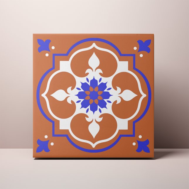Elegant Terracotta och Blue Flower Azulejo Kakelplatta (Skapare uppladdad)