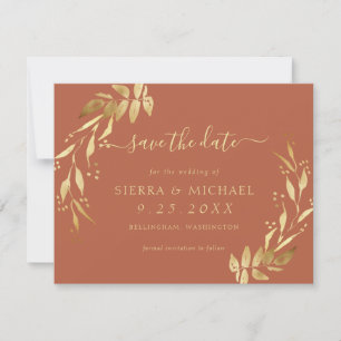 Elegant Terracotta Rust Guld Foliage Spara datum Inbjudningar