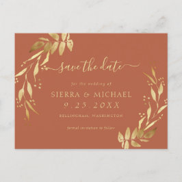 Elegant Terracotta Rust Guld Foliage Spara datum Meddelande Vykort