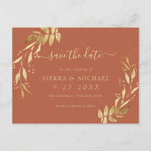 Elegant Terracotta Rust Guld Foliage Spara datum Meddelande Vykort