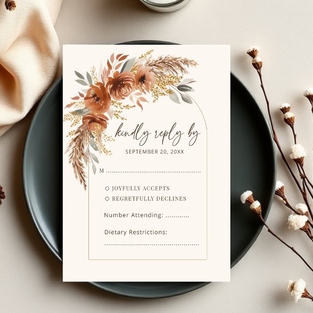Elegant Terracotta Rustic Fall Blommigt Bröllop OSA Kort (Elegant Rust Terracotta Fall Floral Wedding RSVP Card)