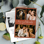 Elegant Terracotta Script 3 Photo Collage Bröllop Tack Kort<br><div class="desc">Modern, ivoriansk Elegant, skript Bröllop 3 Photo Collage - tack för ditt kort. Snyggt bröllop tackar dig för att du har en kortmall med (3) tre foto på framsidan och (1) ett foto på baksidan. Med texten "Kärlek och tack" skript i ett kursivt, snurrande typografiskt swash-svan-typsnitt i vitt färg på...</div>