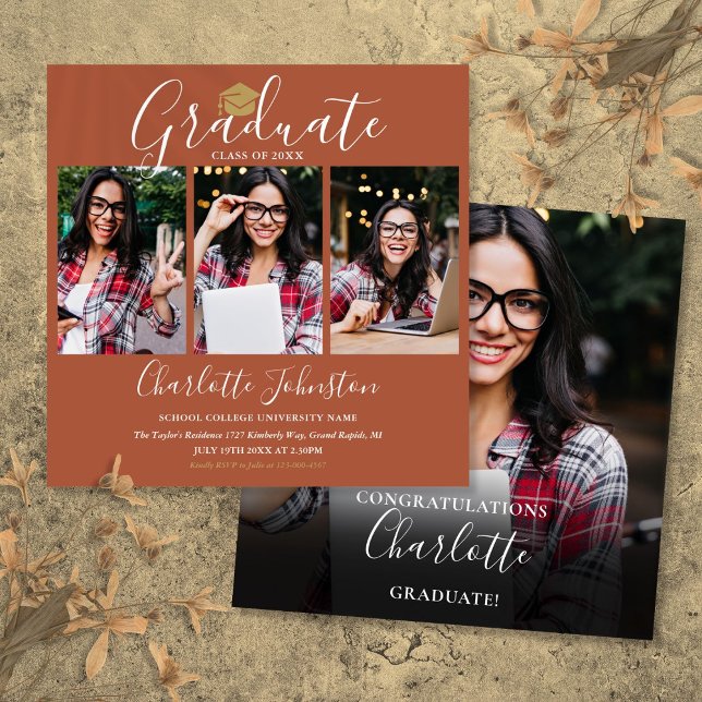 Elegant Terracotta Script 4 Photo Studentfest Inbjudningar (Elegant Terracotta Script 4 Photo Graduation Party Invitation)