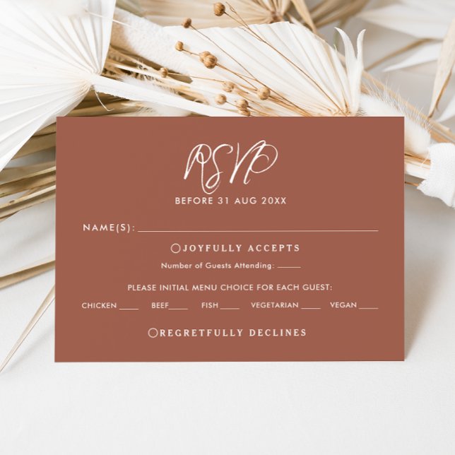 Elegant Terracotta Script Fall Wedding OSA kort (Elegant burnt orange with white calligraphy and modern text wedding RSVP card )