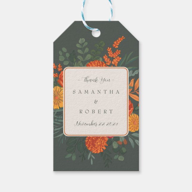 Elegant Terracotta Teal Fall Blommigt Gräns Bröllo Presentetikett (Framsidan)