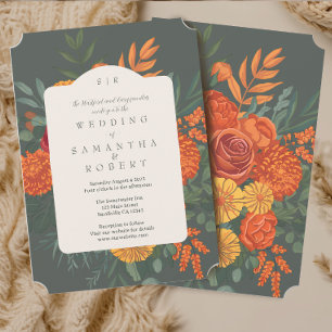 Elegant Terracotta Teal Fall Blommigt Gräns Inbjudningar