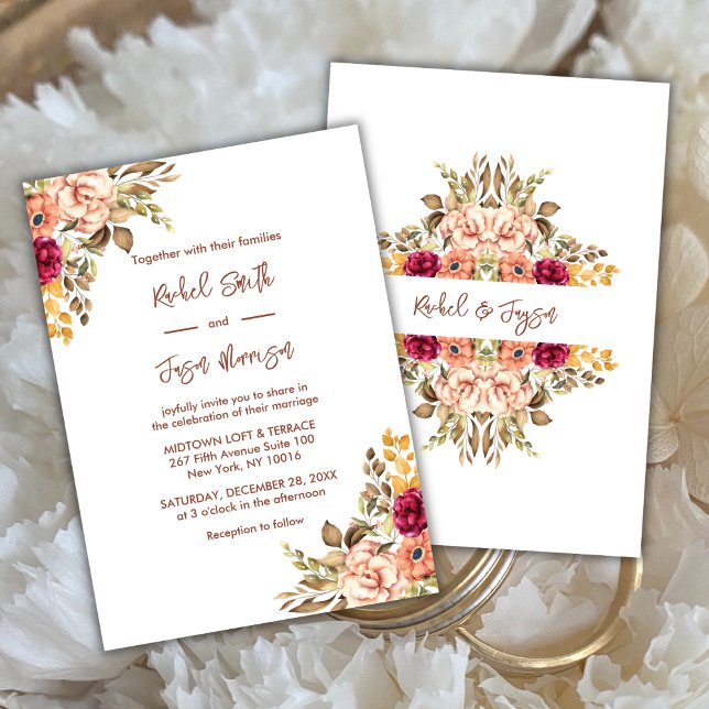 Elegant Terracotta Watercolor Blommigt Höst Inbjudningar (Lovely Rustic Floral Terracotta Color Themed Wedding Invitation in White Background)