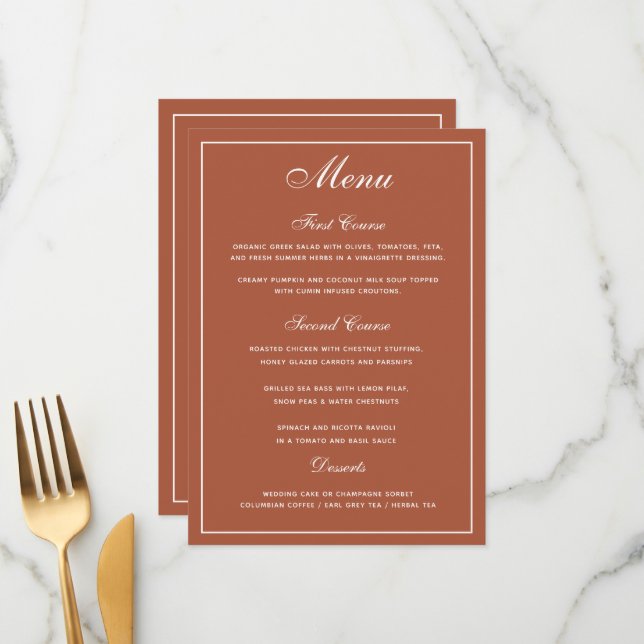 Elegant Terracotta White Script Bröllop Menu Meny (Fram/Back In Situ)