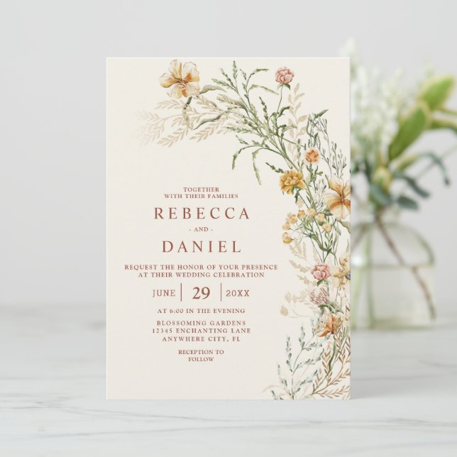 Elegant Terrakotta & Beige Boho Blommig Bröllop Inbjudningar (Stående Fram)