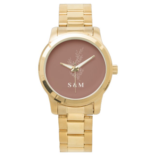 Elegant Terrakotta Blommig Nyförlovad Monogram Armbandsur (Framsida)