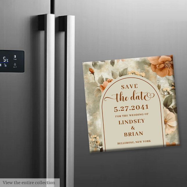 Elegant Terrakotta Elfenben Salvia Blommig Spara D Magnet (The most trendy wedding color scheme is terracotta, and this elegant boho Save the Date magnet captu)