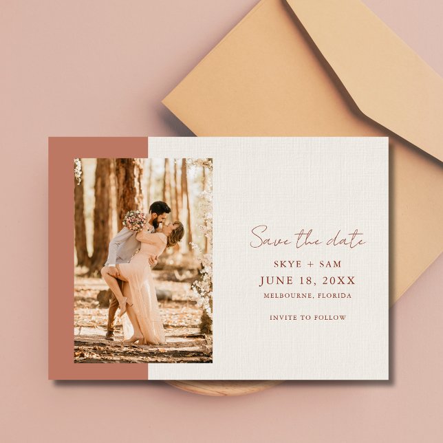 Elegant Terrakotta Enkel Foto Bröllop Spara Datumet (Elegant Terracotta Simple Photo Wedding Save The Date)