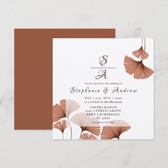 Elegant Terrakotta Ginkgo-löv Bröllop Inbjudningar (Fram/baksida)