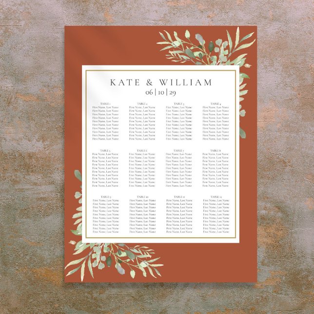 Elegant Terrakotta Grönska Bröllops Sittplatskarta Poster (Elegant Terracotta Greenery Wedding Seating Chart)