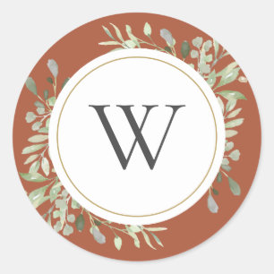Elegant Terrakotta Grönska Monogram Initial Runt Klistermärke