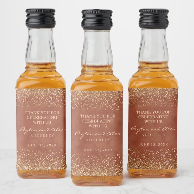 Elegant Terrakotta Guld Glitter Bröllop Spritflaskor Etikett (Flaskor)