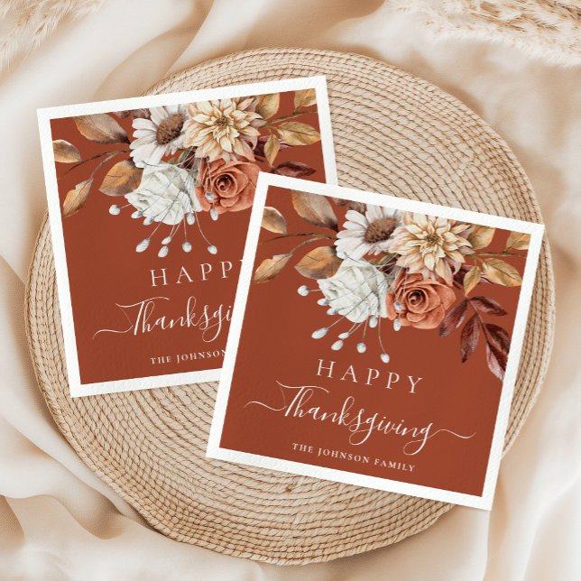 Elegant terrakotta höstblomma Glad tacksägelse Pappersservett (Elegant Terracotta Fall Floral Happy Thanksgiving Napkins)