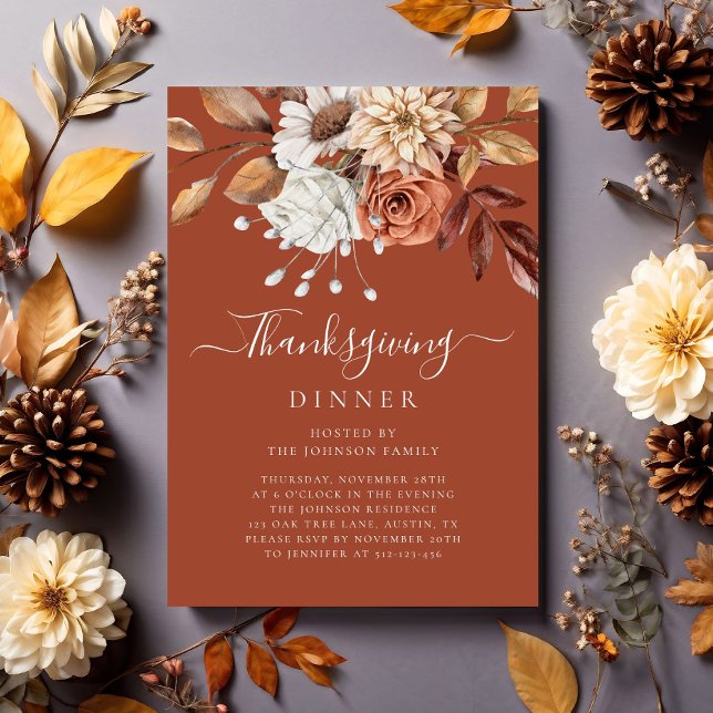 Elegant terrakotta höstblomma tackmiddag inbjudningar (Elegant Terracotta Fall Floral Thanksgiving Dinner Invitation)