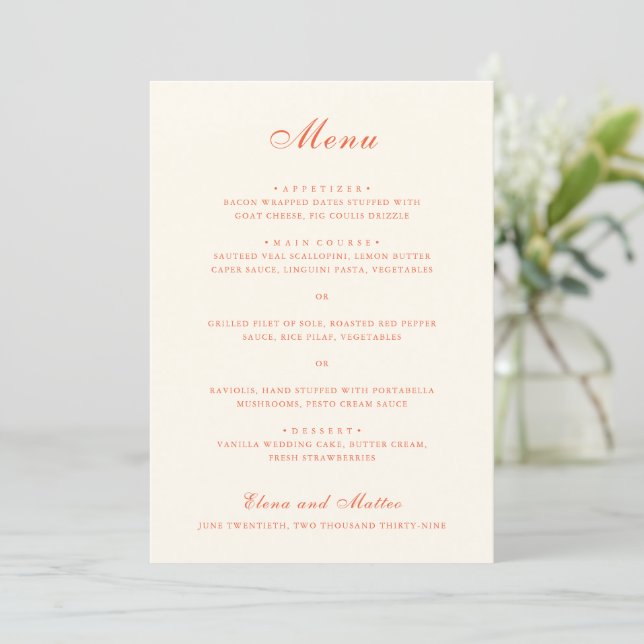 Elegant Terrakotta Modern Klassisk Bröllop Meny (Stående Fram)