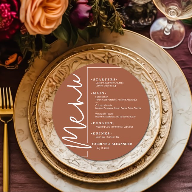 Elegant terrakotta rund meny (Chic terracotta round menu with your choices in white lettering. )