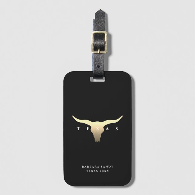 Elegant Texas Longhorn Black Faux Guld Bagagebricka (Framsida vertikal)