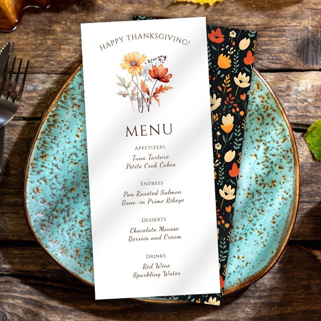 Elegant Thanksgiving Dinner Blommigt Rustic Fall Meny (Floral Elegant Thanksgiving Dinner Menu)