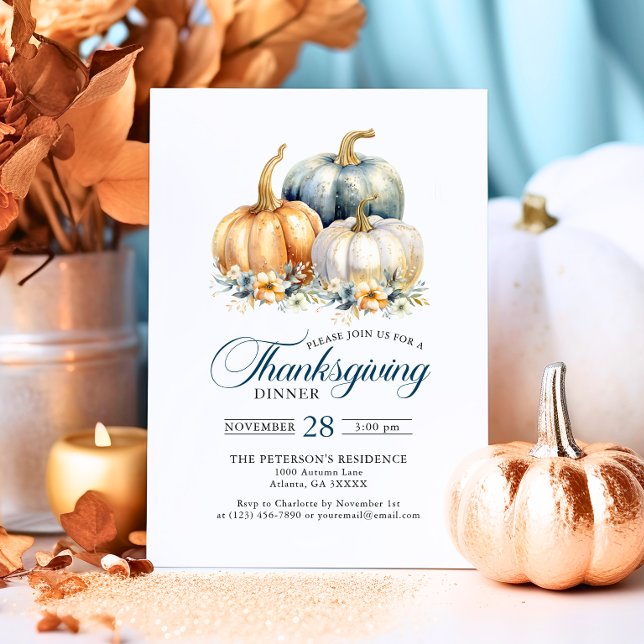 Elegant Thanksgiving Dinner Blue Guld Pumpkins Inbjudningar (Thanksgiving Dinner Blue Orange Gold Pumpkins Invitation)