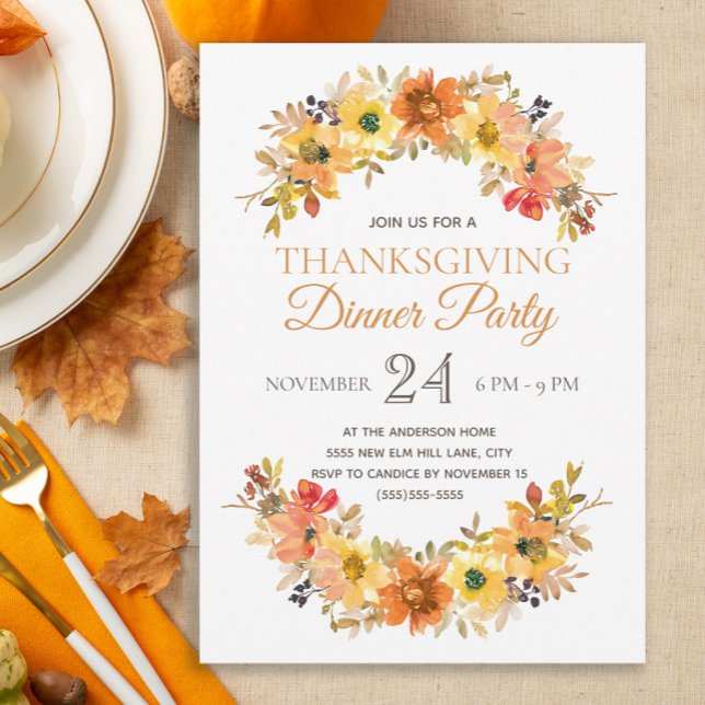 Elegant, Thanksgiving för Höst löv Blommigt, midda Inbjudningar (Elegant fall floral and leaves Thanksgiving Dinner invitation)