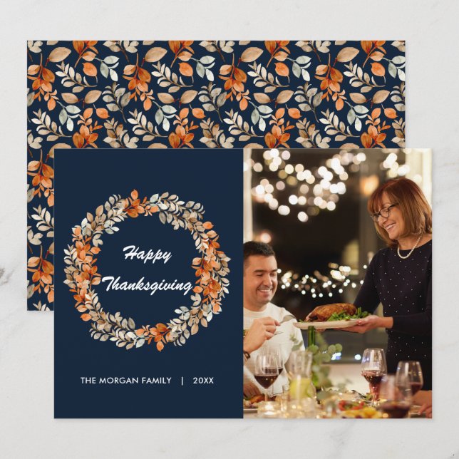 Elegant Thanksgiving Foto för Lämnar höstkrans Julkort (Fram/baksida)