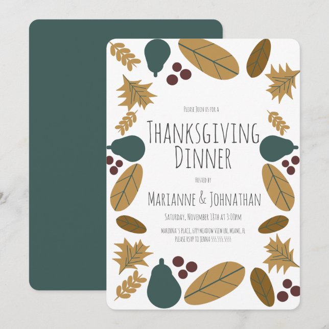 Elegant Thanksgiving Höst Dinner Party Päron Löv Inbjudningar (Fram/baksida)