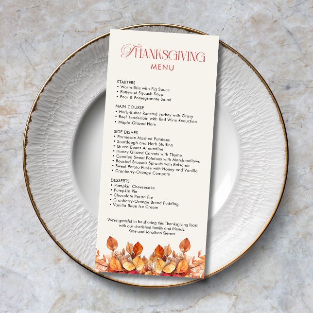 Elegant Thanksgiving-middag Höstlöv Meny (Elegant Thanksgiving menu with fall leaves, modern typography, menu choices.)