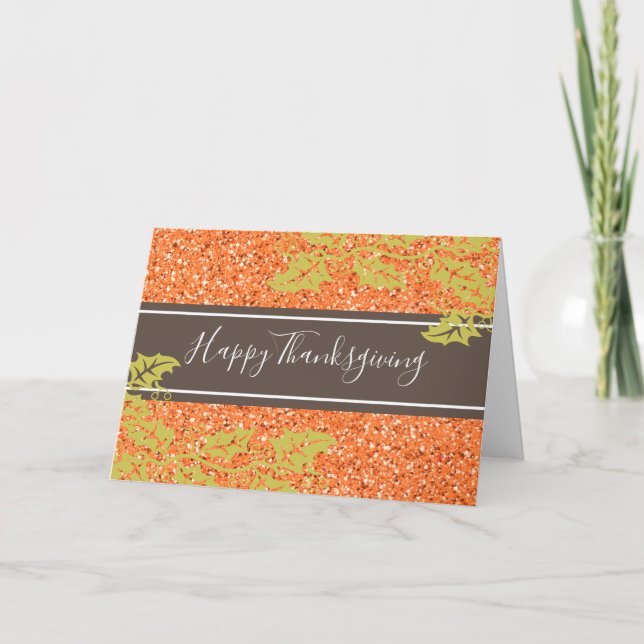 Elegant Thanksgiving Orange Glitter Personlig Helgkort (Framsida)